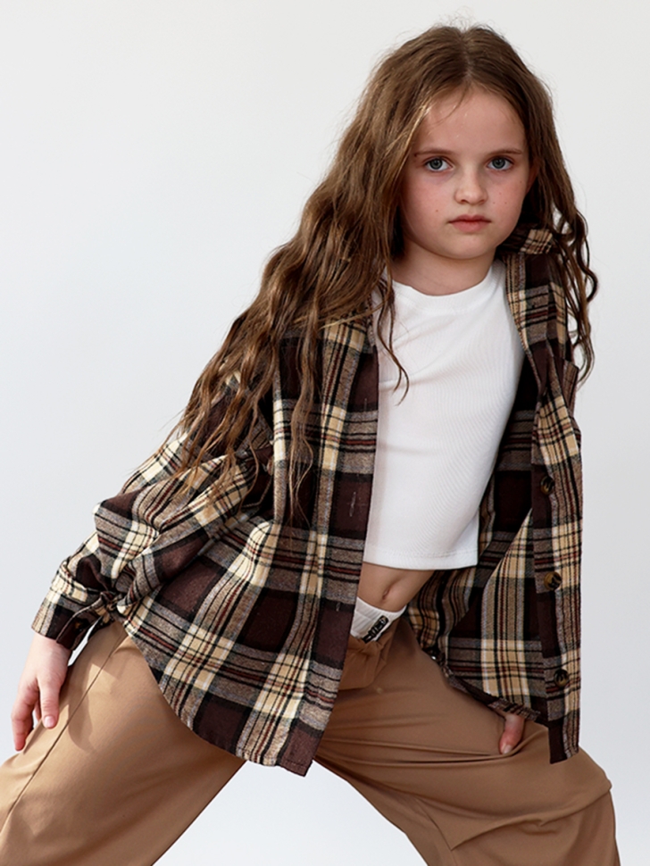 Комплект Рубашка, майка, брюки для девочки БУШОН, цвет коричневый клетка