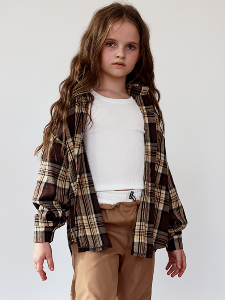 Комплект Рубашка, майка, брюки для девочки БУШОН, цвет коричневый клетка