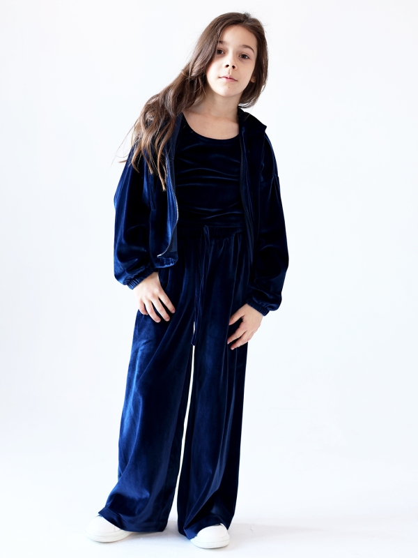 Костюм для девочки из велюра БУШОН SP223, цвет темно-синий/капюшон