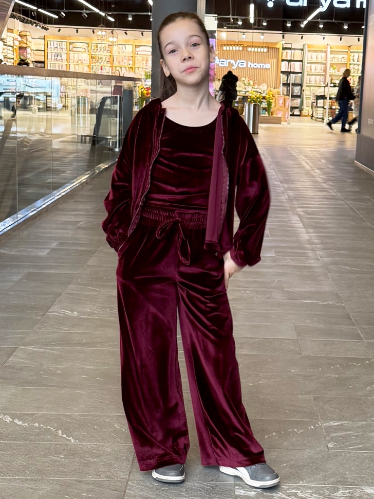 Костюм для девочки из велюра БУШОН SP223, цвет бордовый/капюшон 