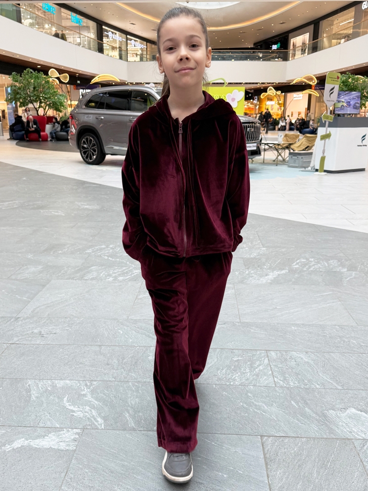 Костюм для девочки из велюра БУШОН SP223, цвет бордовый/капюшон 