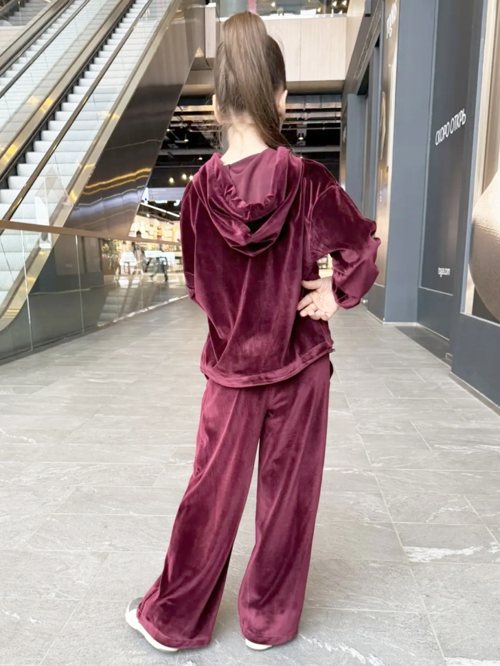 Костюм для девочки из велюра БУШОН SP223, цвет бордовый/капюшон 