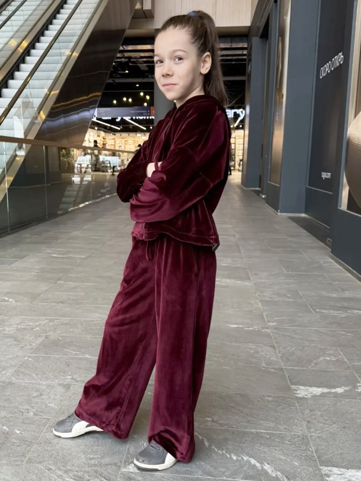 Костюм для девочки из велюра БУШОН SP223, цвет бордовый/капюшон 