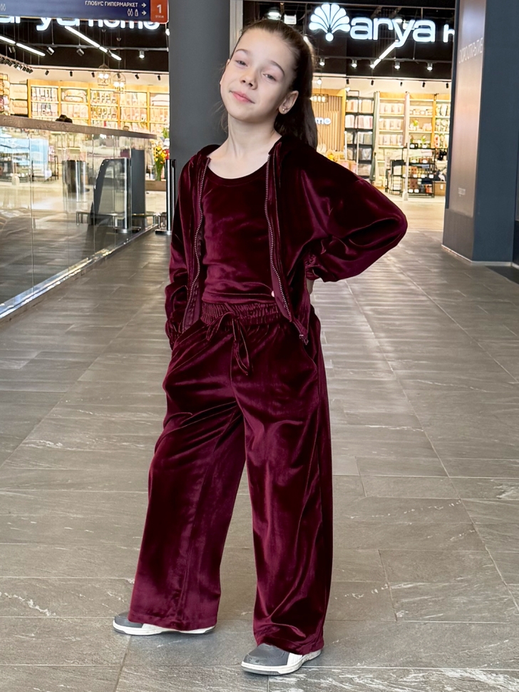 Костюм для девочки из велюра БУШОН SP223, цвет бордовый/капюшон 