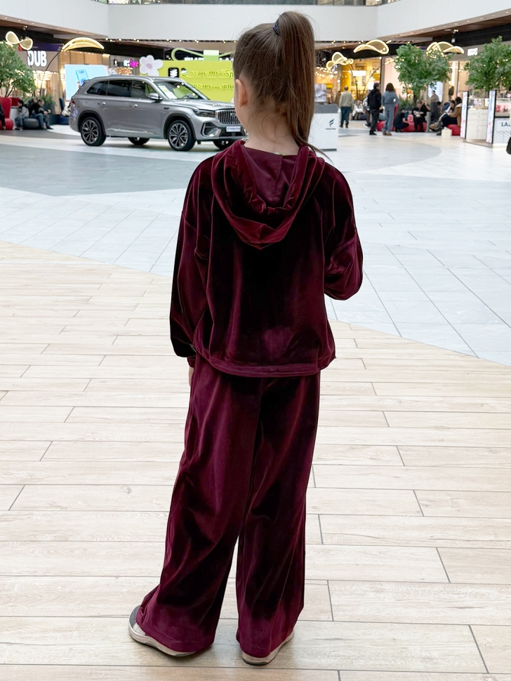 Костюм для девочки из велюра БУШОН SP223, цвет бордовый/капюшон 