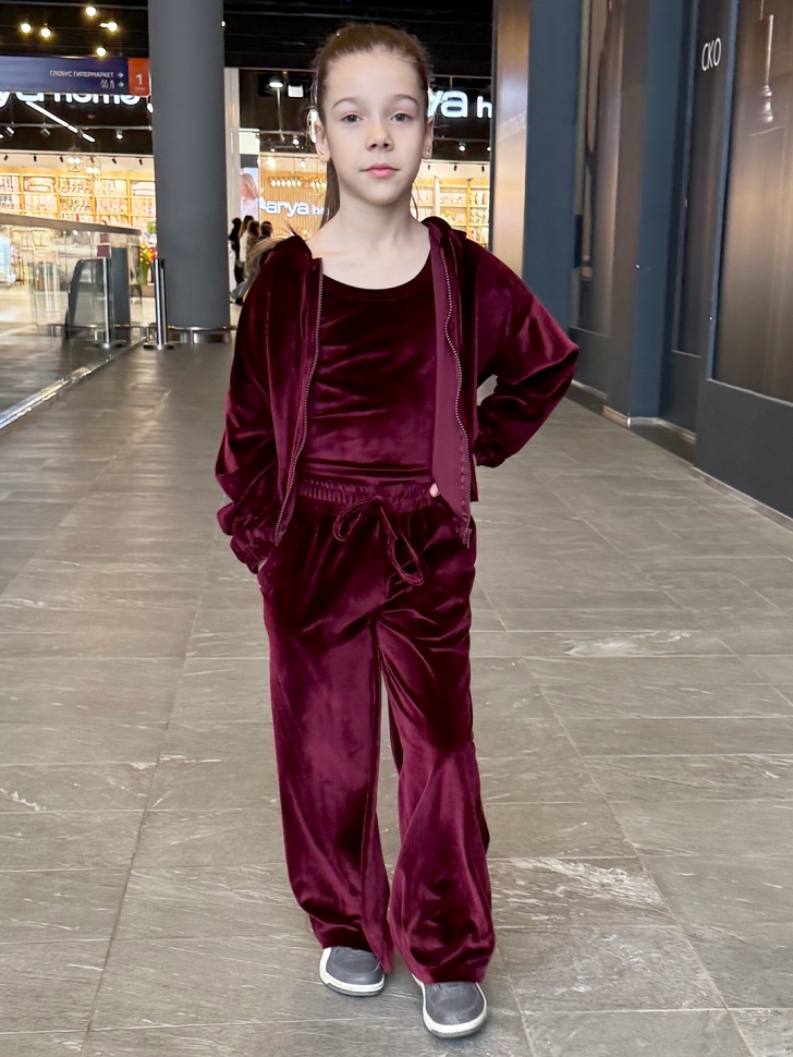 Костюм для девочки из велюра БУШОН SP223, цвет бордовый/капюшон 