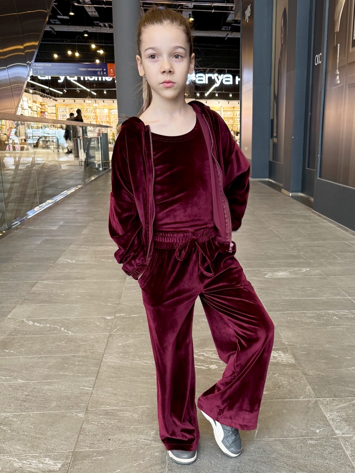 Костюм для девочки из велюра БУШОН SP223, цвет бордовый/капюшон 