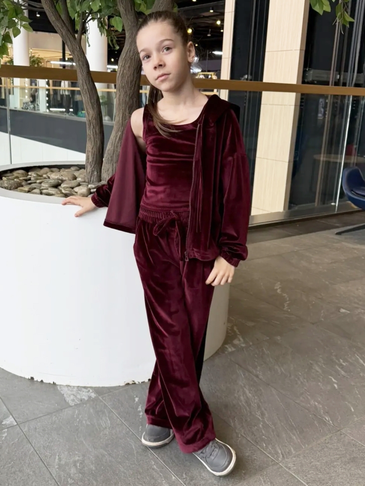 Костюм для девочки из велюра БУШОН SP223, цвет бордовый/капюшон 