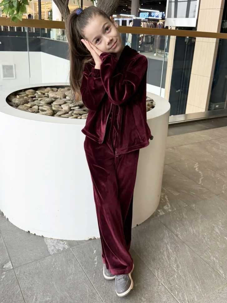 Костюм для девочки из велюра БУШОН SP223, цвет бордовый/капюшон 