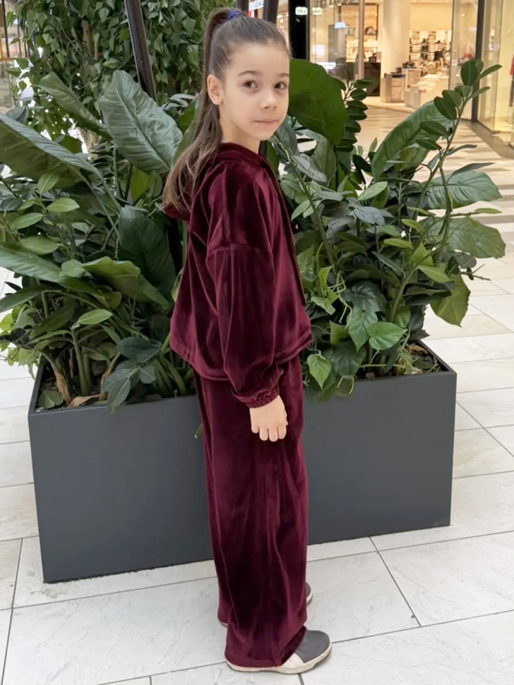 Костюм для девочки из велюра БУШОН SP223, цвет бордовый/капюшон 