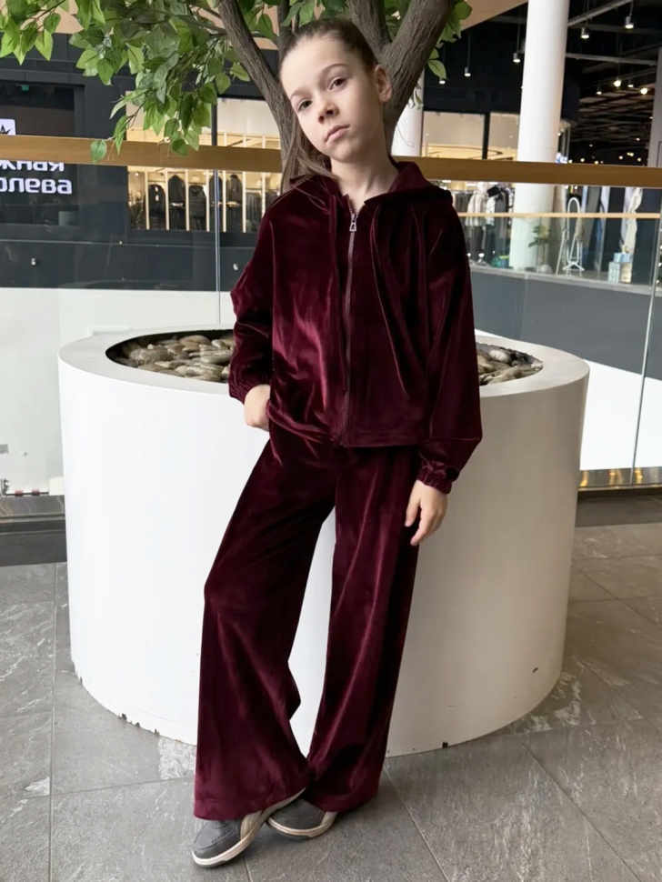 Костюм для девочки из велюра БУШОН SP223, цвет бордовый/капюшон 