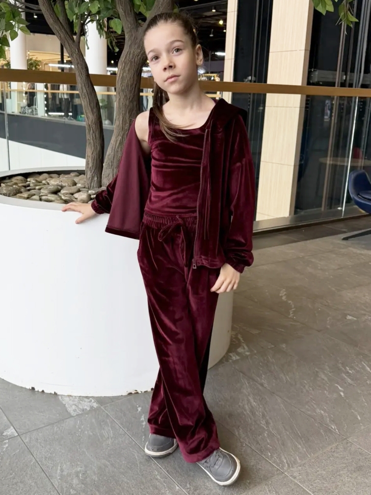 Костюм для девочки из велюра БУШОН SP223, цвет бордовый/капюшон 