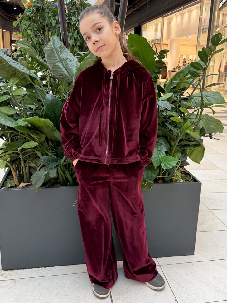 Костюм для девочки из велюра БУШОН SP223, цвет бордовый/капюшон 
