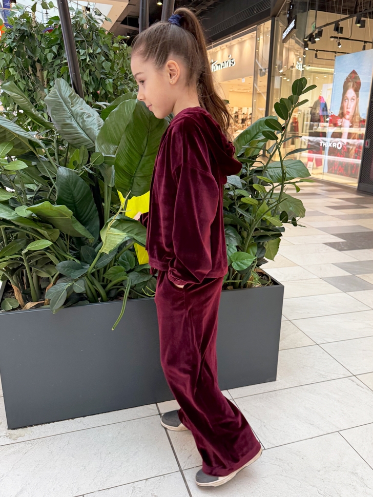 Костюм для девочки из велюра БУШОН SP223, цвет бордовый/капюшон 