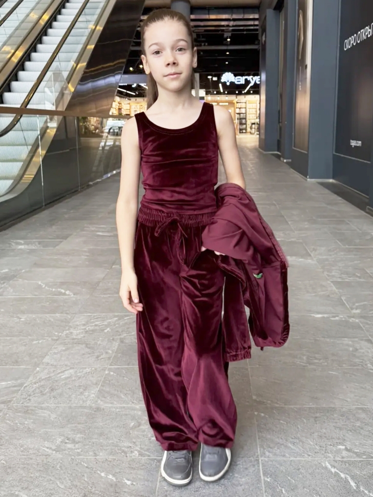 Костюм для девочки из велюра БУШОН SP223, цвет бордовый/капюшон 