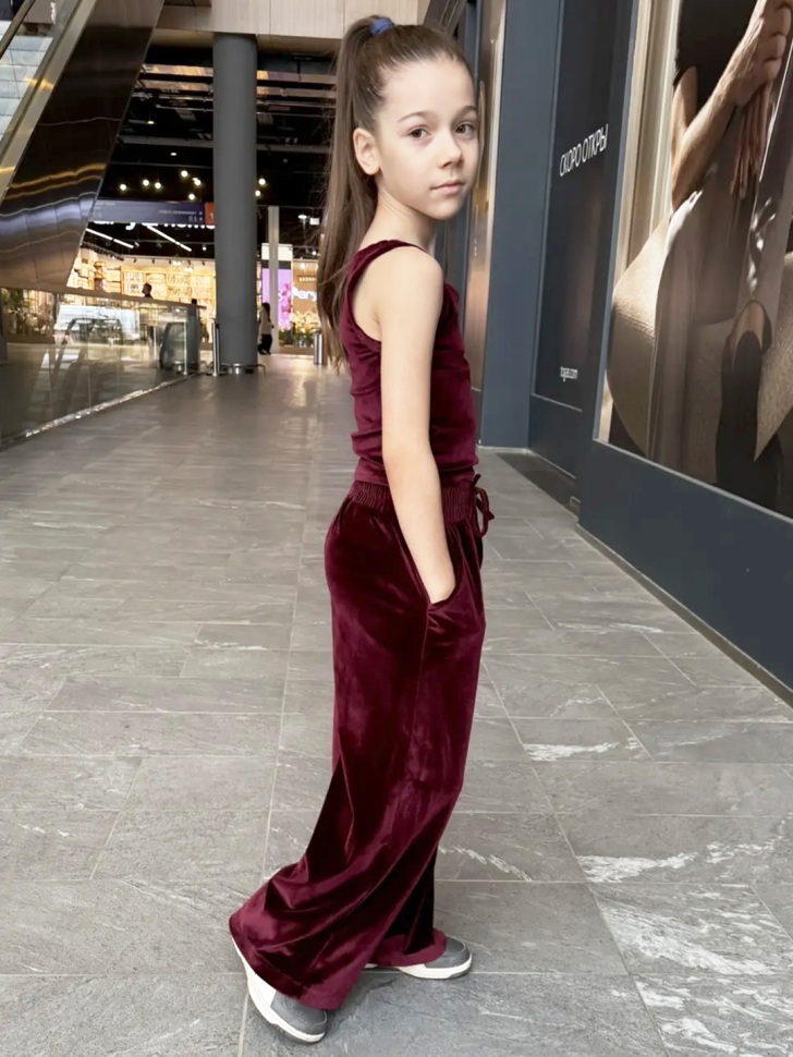 Костюм для девочки из велюра БУШОН SP223, цвет бордовый/капюшон 