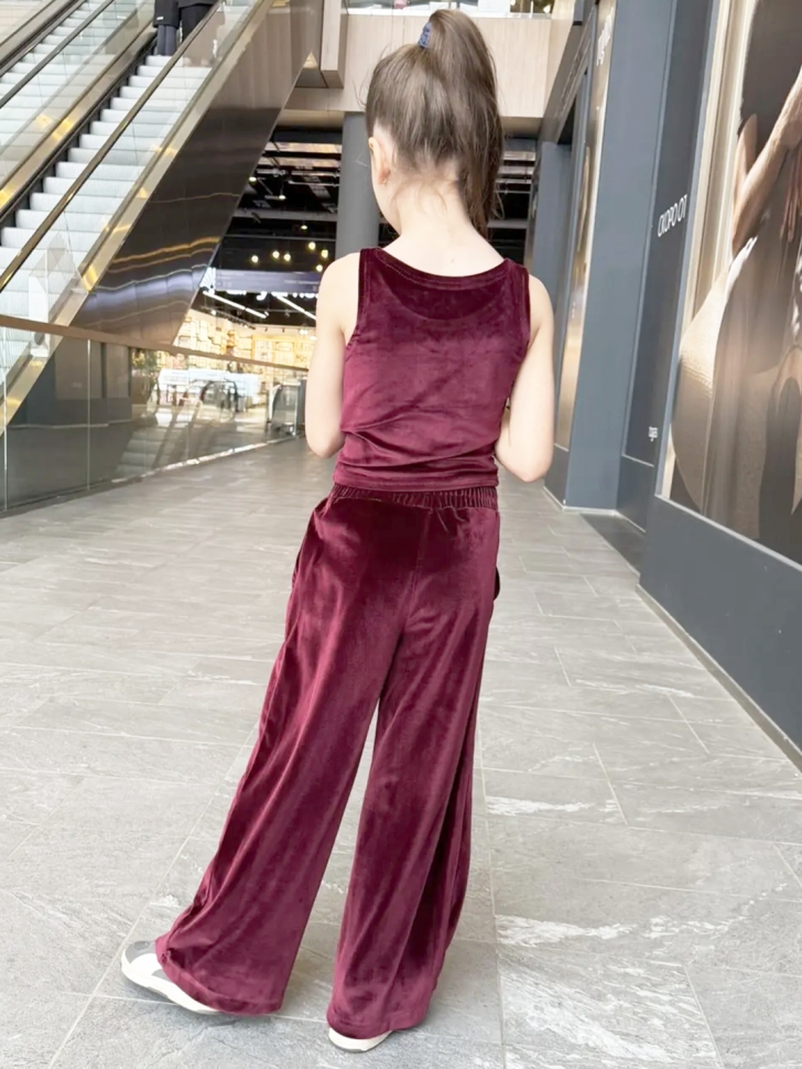 Костюм для девочки из велюра БУШОН SP223, цвет бордовый/капюшон 