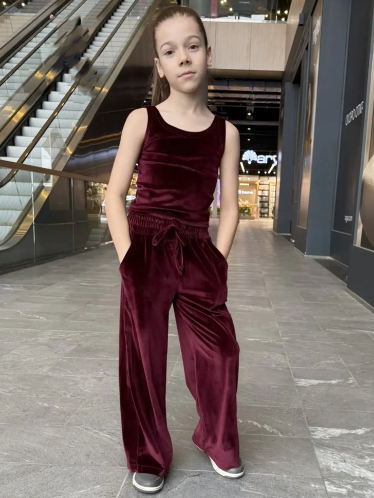 Костюм для девочки из велюра БУШОН SP223, цвет бордовый/капюшон 