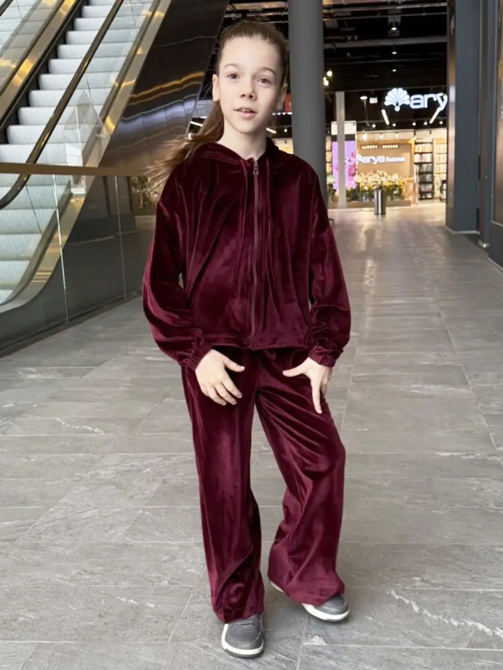 Костюм для девочки из велюра БУШОН SP223, цвет бордовый/капюшон 