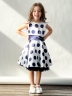 Платье для девочки нарядное БУШОН ST20, стиляги цвет белый, синий пояс, принт горох синий 