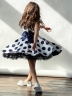 Платье для девочки нарядное БУШОН ST20, стиляги цвет белый, синий пояс, принт горох синий 