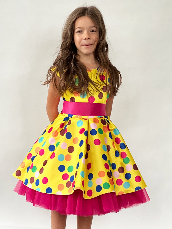 Платье для девочки нарядное БУШОН ST10, стиляги цвет желтый, малиновый пояс, принт горошек 
