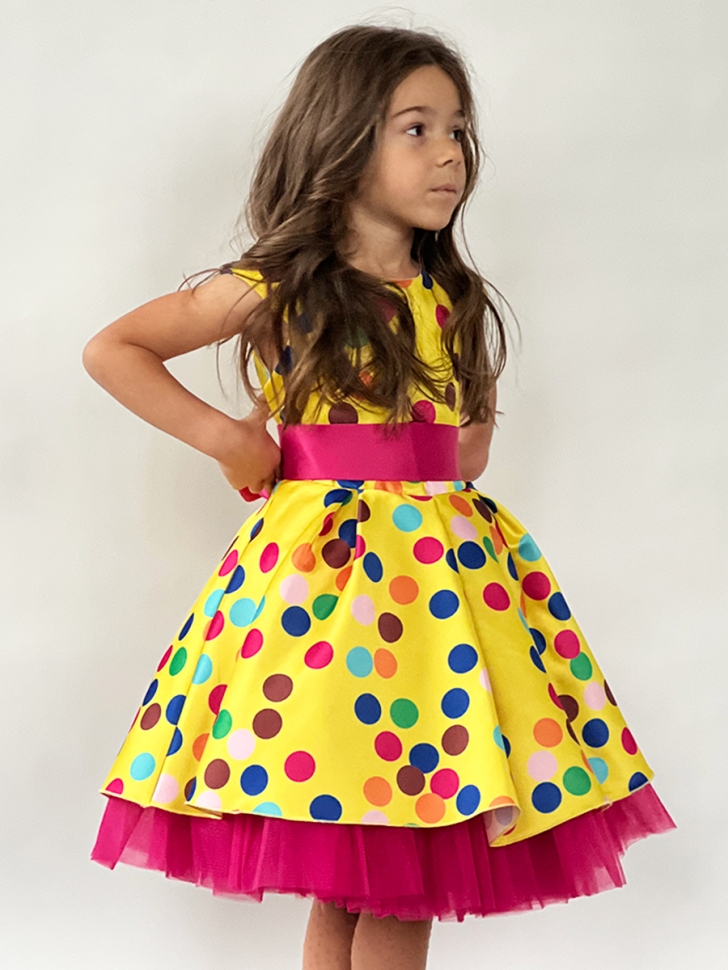 Платье для девочки нарядное БУШОН ST10, стиляги цвет желтый, малиновый пояс, принт горошек 