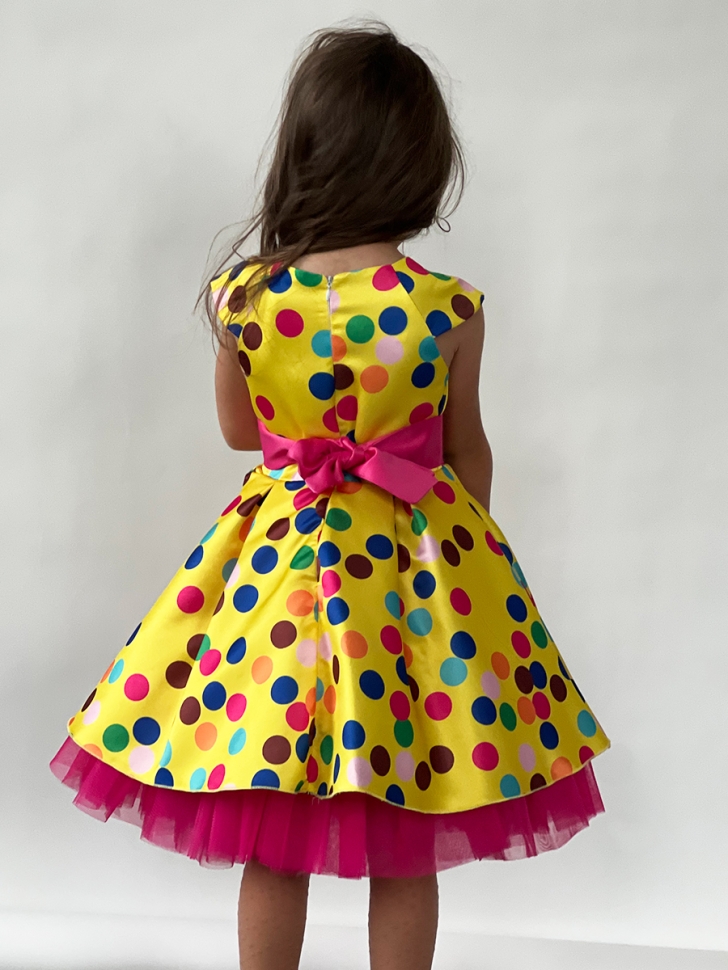 Платье для девочки нарядное БУШОН ST10, стиляги цвет желтый, малиновый пояс, принт горошек 