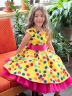 Платье для девочки нарядное БУШОН ST10, стиляги цвет желтый, малиновый пояс, принт горошек 