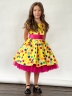 Платье для девочки нарядное БУШОН ST10, стиляги цвет желтый, малиновый пояс, принт горошек 