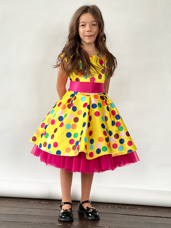 Платье для девочки нарядное БУШОН ST10, стиляги цвет желтый, малиновый пояс, принт горошек 