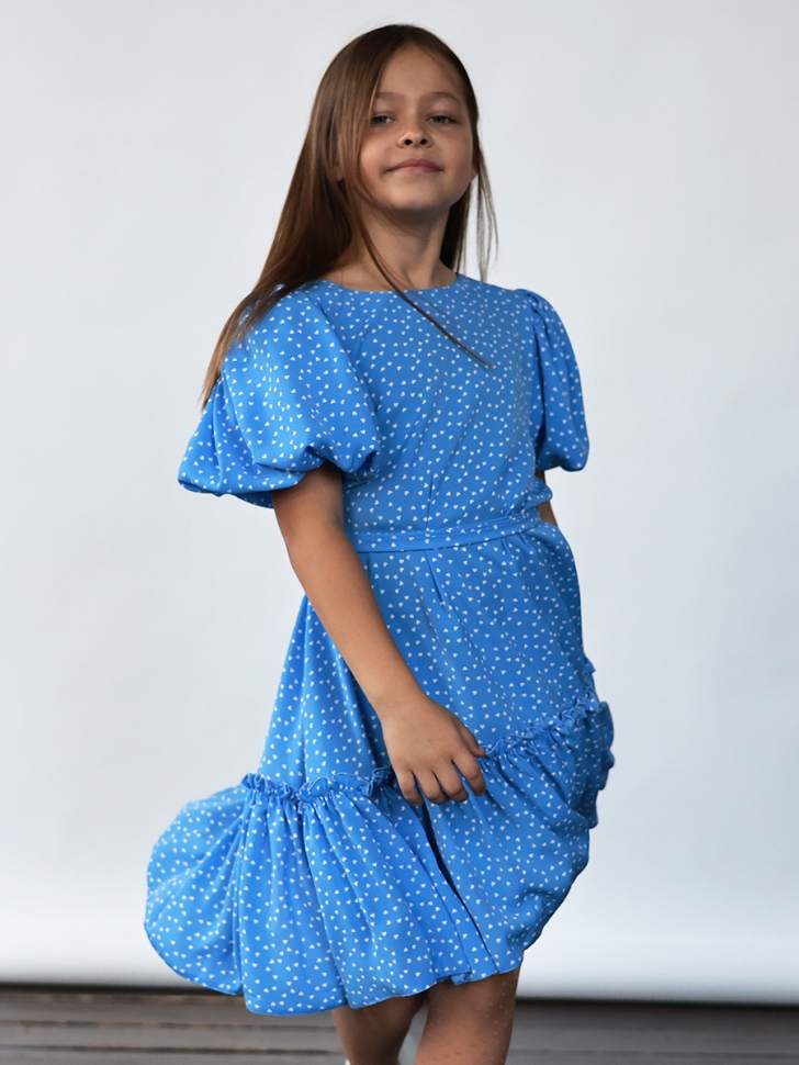 Платье для девочки нарядное БУШОН ST62, цвет голубой/сердца