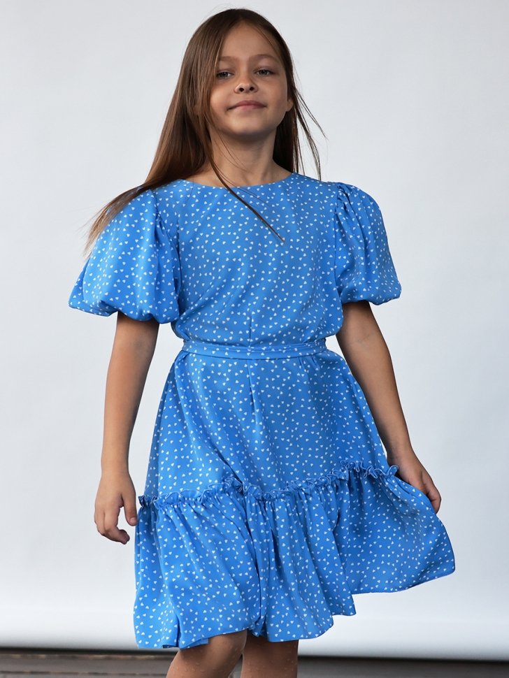 Платье для девочки нарядное БУШОН ST62, цвет голубой/сердца