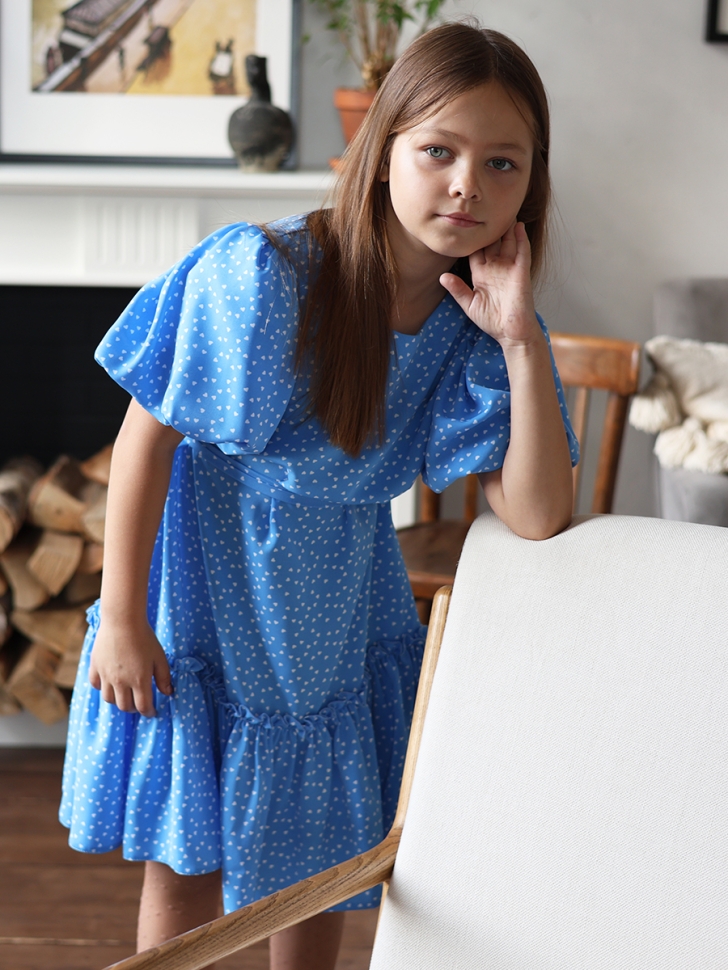 Платье для девочки нарядное БУШОН ST62, цвет голубой/сердца