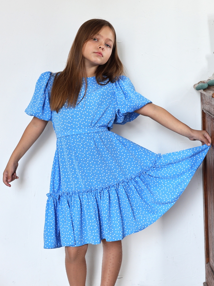 Платье для девочки нарядное БУШОН ST62, цвет голубой/сердца