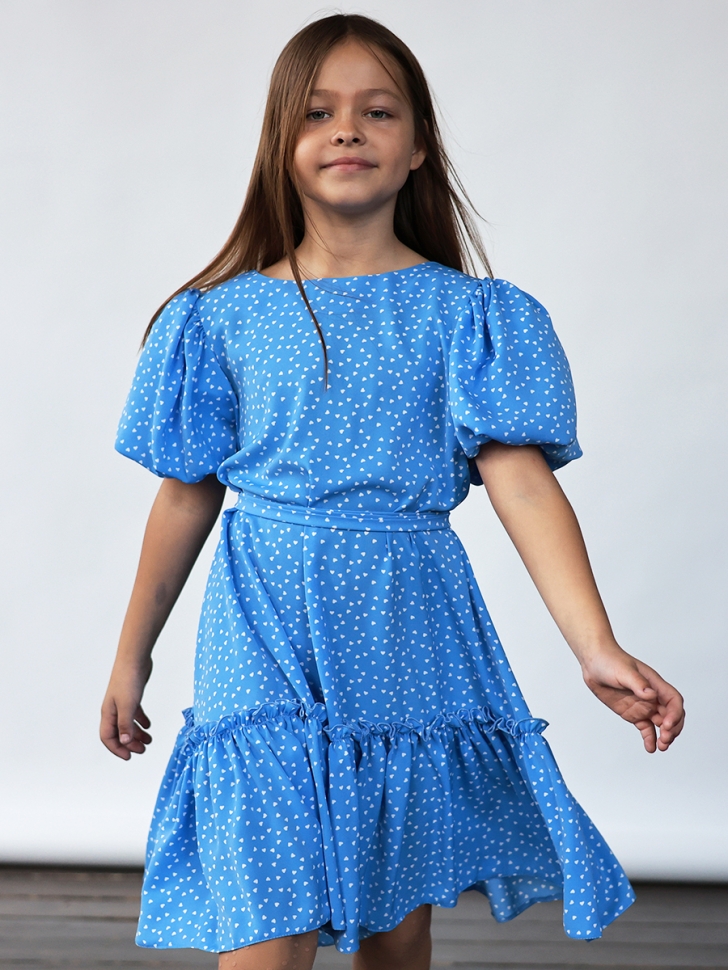 Платье для девочки нарядное БУШОН ST62, цвет голубой/сердца