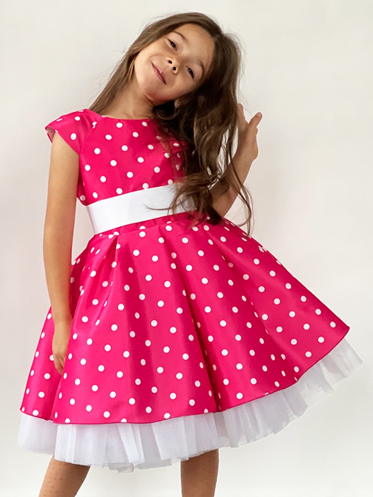 Платье для девочки нарядное БУШОН ST10, стиляги цвет ярко-розовый, белый пояс, принт горошек 