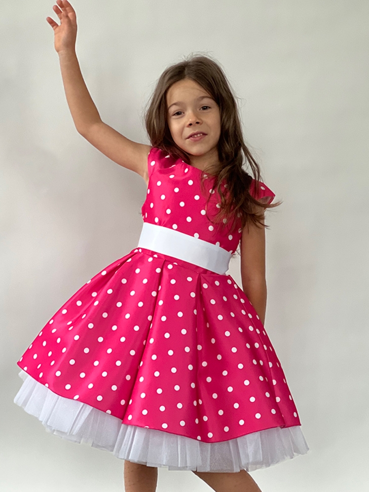 Платье для девочки нарядное БУШОН ST10, стиляги цвет ярко-розовый, белый пояс, принт горошек 
