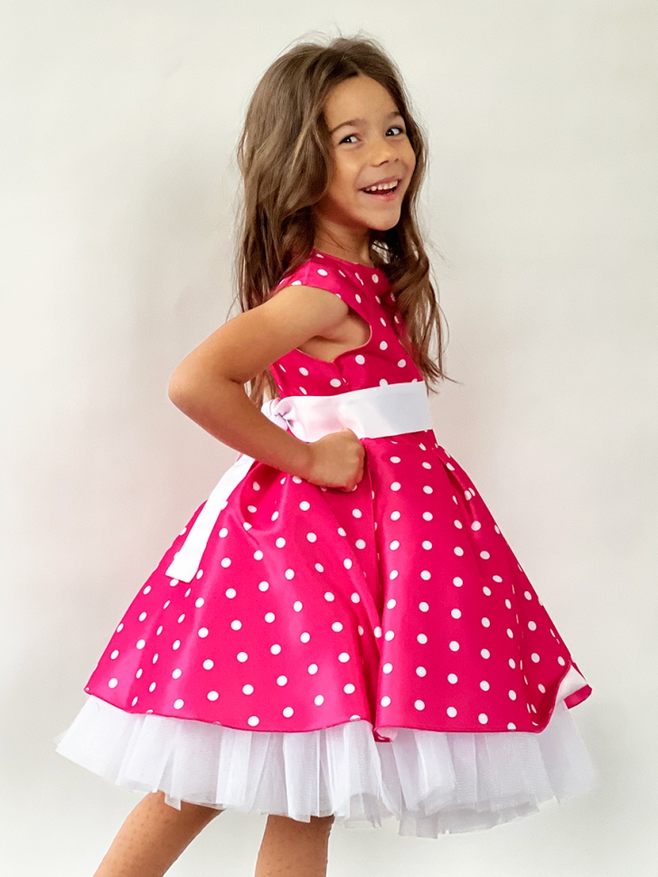 Платье для девочки нарядное БУШОН ST10, стиляги цвет ярко-розовый, белый пояс, принт горошек 