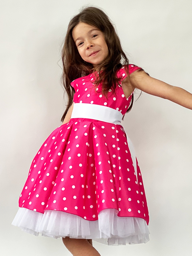 Платье для девочки нарядное БУШОН ST10, стиляги цвет ярко-розовый, белый пояс, принт горошек 