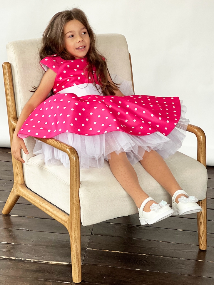 Платье для девочки нарядное БУШОН ST10, стиляги цвет ярко-розовый, белый пояс, принт горошек 