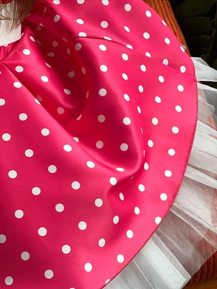 Платье для девочки нарядное БУШОН ST10, стиляги цвет ярко-розовый, белый пояс, принт горошек 