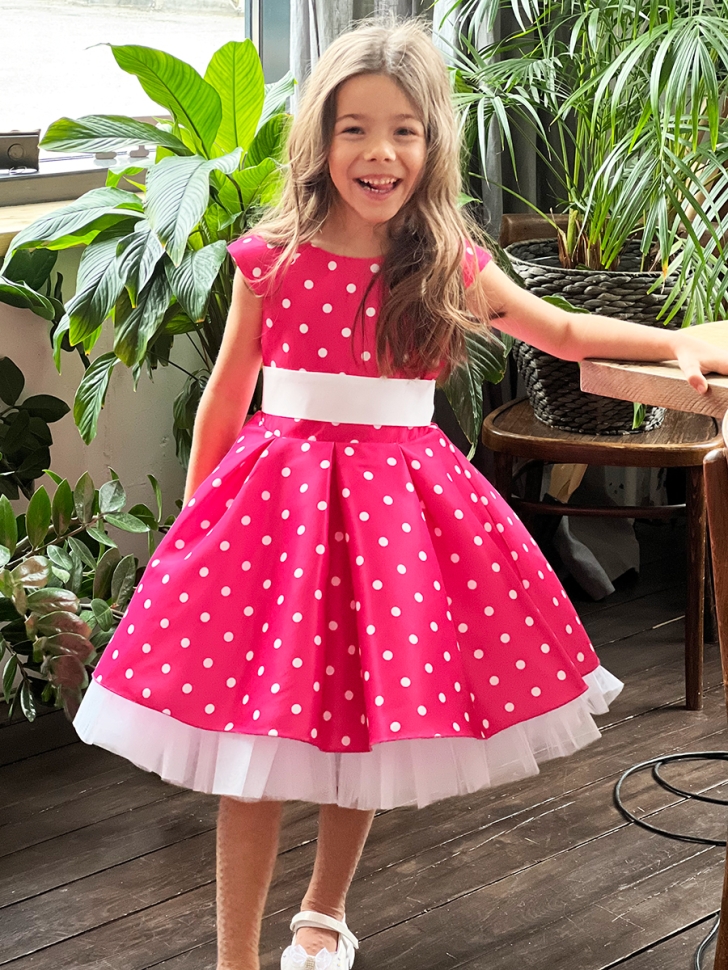 Платье для девочки нарядное БУШОН ST10, стиляги цвет ярко-розовый, белый пояс, принт горошек 