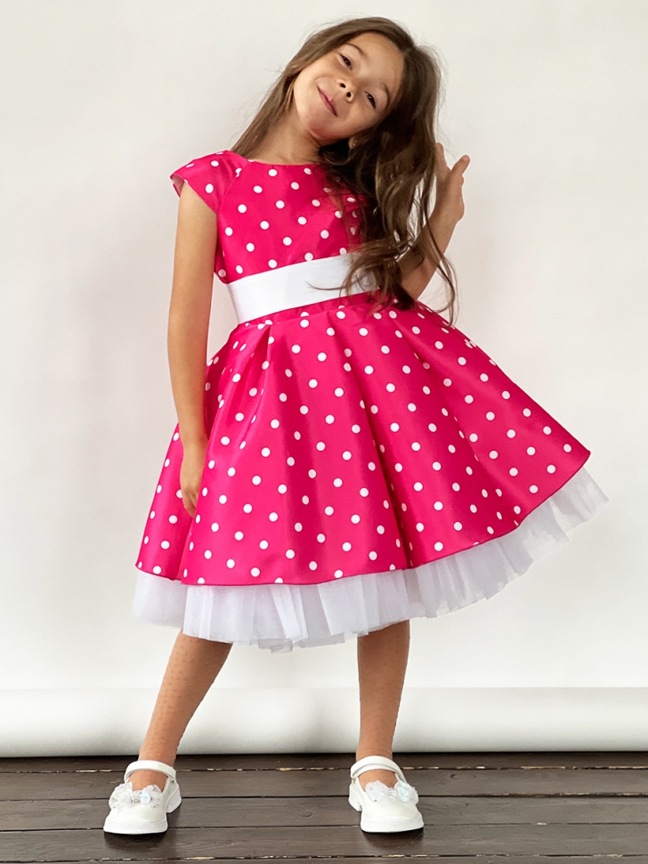 Платье для девочки нарядное БУШОН ST10, стиляги цвет ярко-розовый, белый пояс, принт горошек 