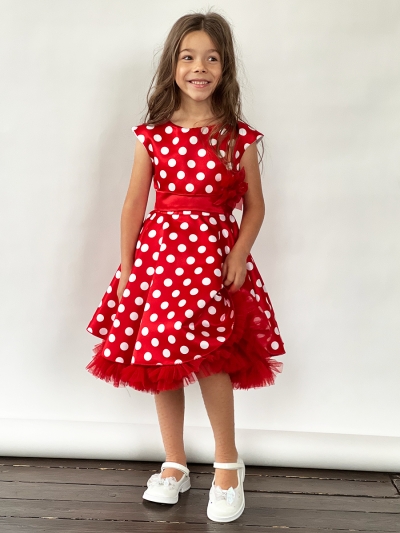 Платье для девочки нарядное БУШОН ST10, стиляги цвет красный, красный пояс, принт горошек