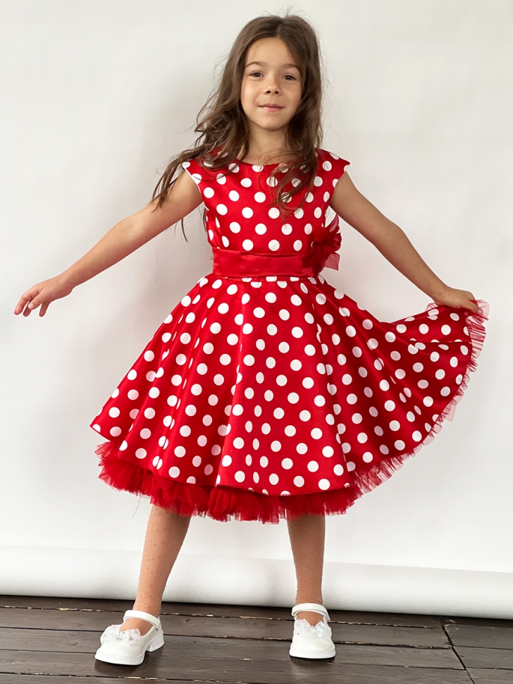 Платье для девочки нарядное БУШОН ST10, стиляги цвет красный, красный пояс, принт горошек 