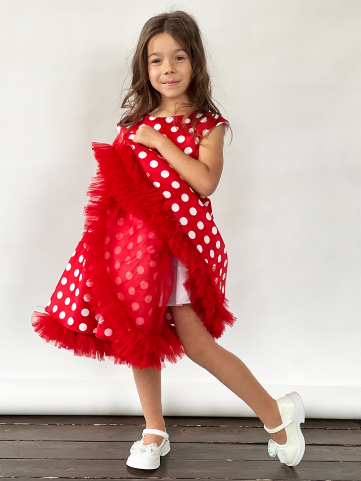 Платье для девочки нарядное БУШОН ST10, стиляги цвет красный, красный пояс, принт горошек 