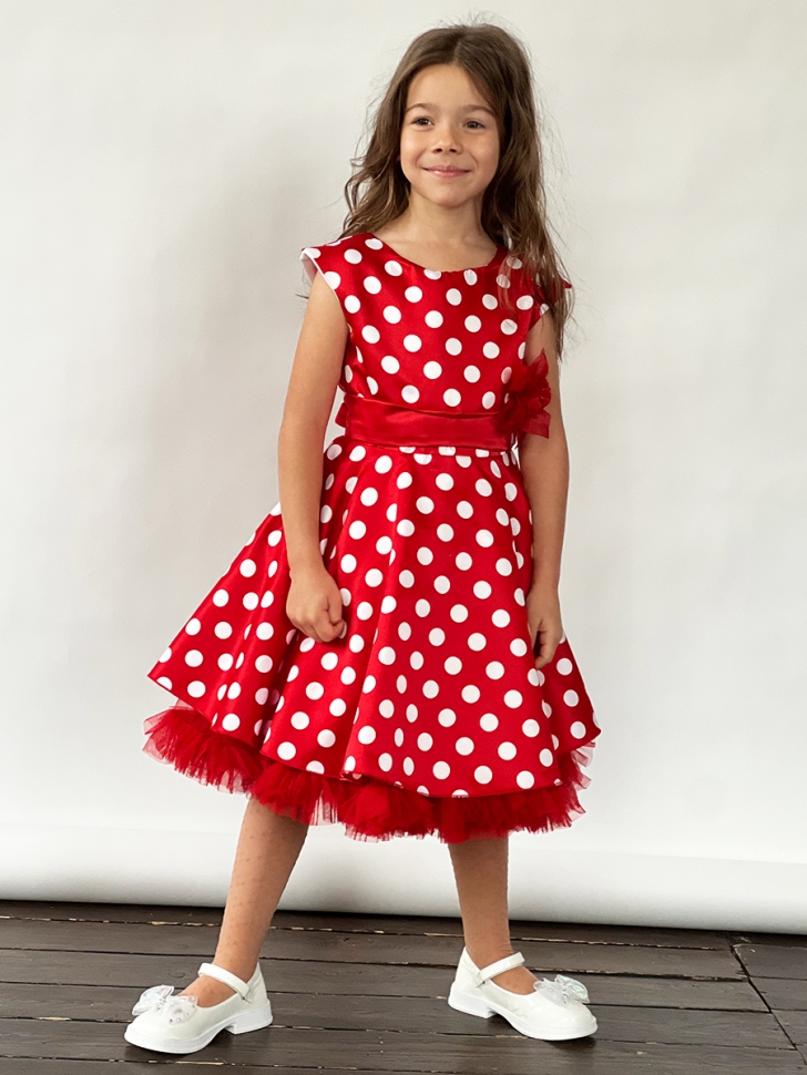 Платье для девочки нарядное БУШОН ST10, стиляги цвет красный, красный пояс, принт горошек 