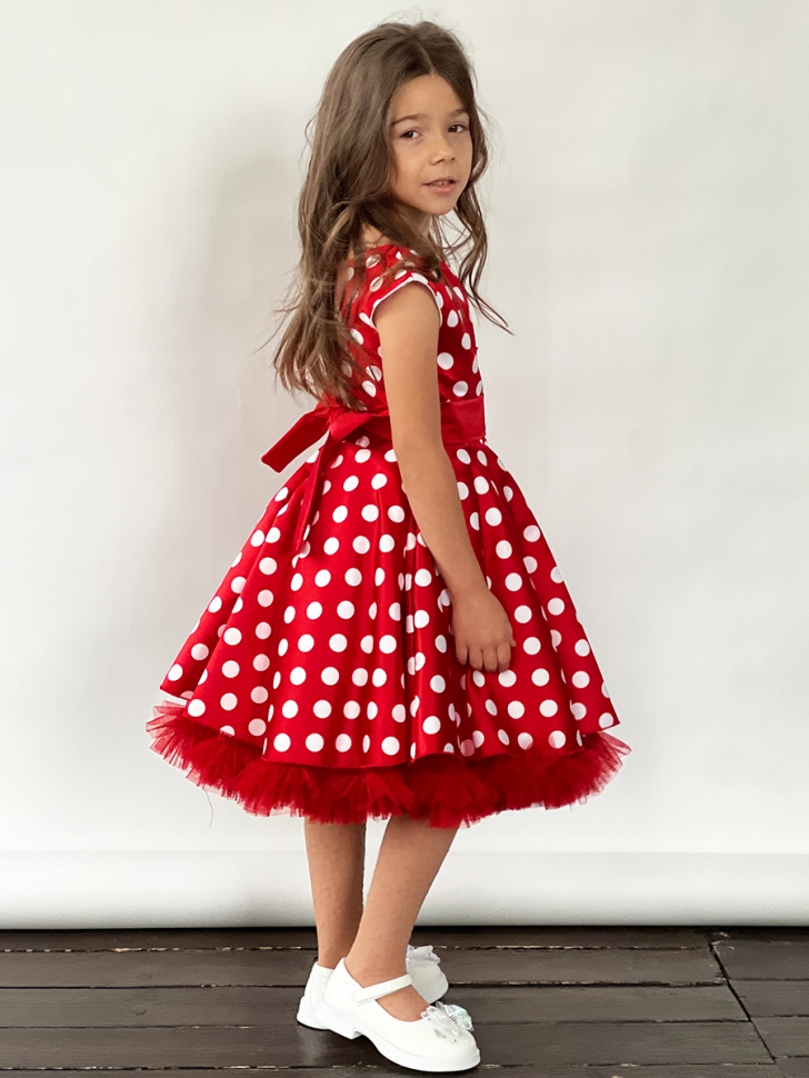 Платье для девочки нарядное БУШОН ST10, стиляги цвет красный, красный пояс, принт горошек 