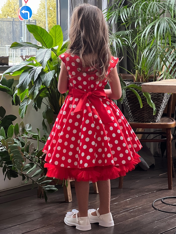 Платье для девочки нарядное БУШОН ST10, стиляги цвет красный, красный пояс, принт горошек 